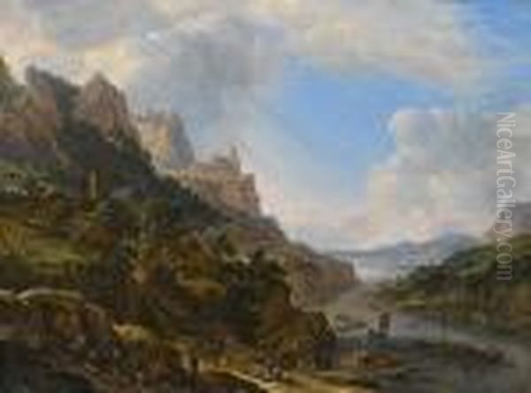 A Rhenish Riverlandscape With A 
Figures Loading Barges In The Foreground And Travellers Resting On A 
Hillside Nearby Oil Painting by Herman Saftleven