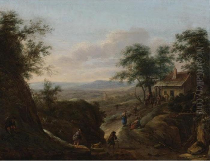 Extensive Landscape With Travelers On A Path And A Cottage In A Wood Oil Painting by Herman Saftleven