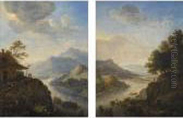 Rhenish Landscape With 
Travellers Mooring Their Boats Next To A Wooded 
Cliff A Castle On A Hilltop Beyond (#) A Rhenish
 Landscape With Peasants Resting Outside A 
Tavern On A Clifftop Oil Painting by Herman Saftleven