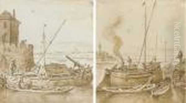 Un Voilier Avec Une Barque 
Devant Une Tour Crenelee; Et Un Voilier Avec Trois Barques, Un Village 
Dans Le Fond Oil Painting by Herman Saftleven