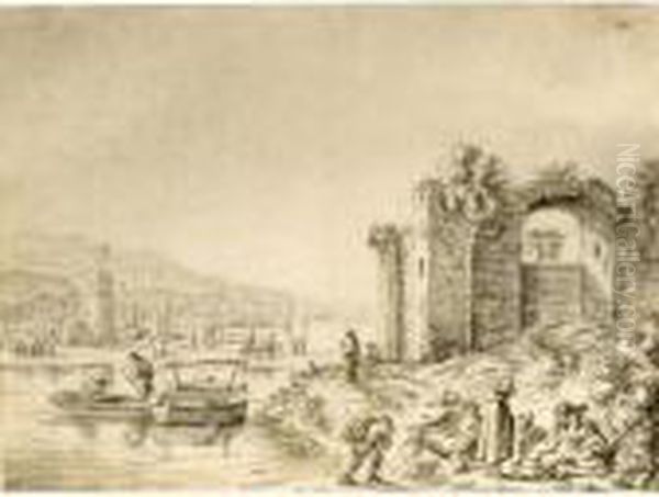 River Landscape With A Ruin To 
The Right And Figures Sitting And Standing In The Foreground Oil Painting by Herman Saftleven