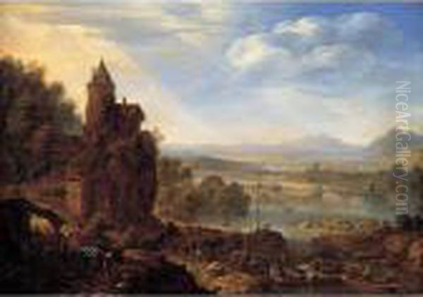 An Extensive Rhenish River 
Landscape With Figures Unloading Barges And Sailboats In The Foreground Oil Painting by Herman Saftleven