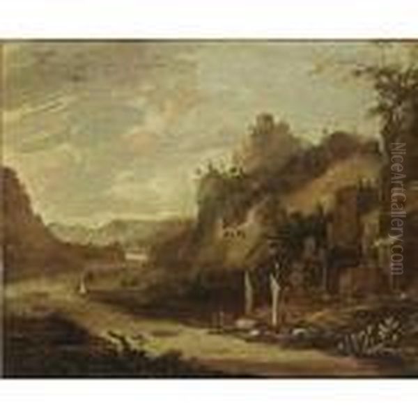 An Extensive River Landscape 
With Boats, A Fortified Town Together With Ruins On Hills Nearby Oil Painting by Herman Saftleven