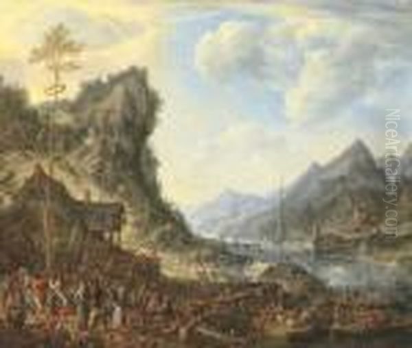 A Rhenish Landscape With 
Peasants Dancing Around The Maypole, Shipping Moored By A Jetty Nearby Oil Painting by Herman Saftleven