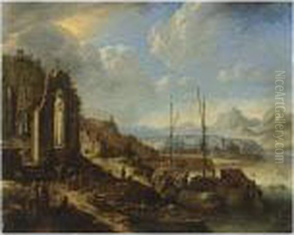 A Rhenish River Landscape 
Capriccio With Moored Boats, A Church Ruin, And A Castle Beyond Oil Painting by Herman Saftleven
