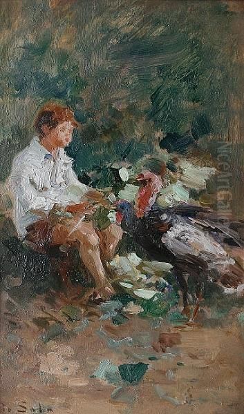 A Young Boy With Two Turkeys
 Signed 'paolo Sala' ,
 Oil On Board Oil Painting by Paolo Sala