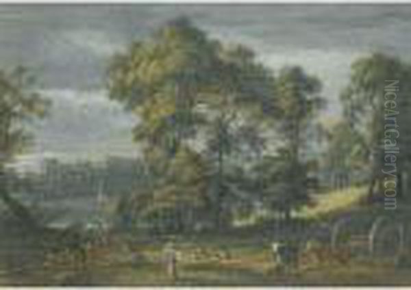 Chepstow Castle, With A Wood-cutter And His Family In Theforeground Oil Painting by Paul Sandby