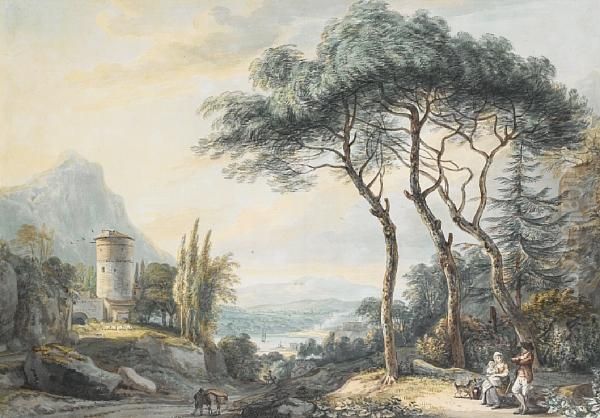 An Italianate Landscape With A 
Family Resting Beneath A Tree And Boats On A River In The Distance Oil Painting by Paul Sandby