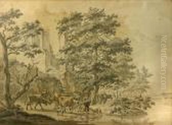 A Ruin Near A River With 
Figures, Cows And Sheep In The Foreground; With Two Other Landscape 
Drawings By Different Hands (a Group Of 3) Oil Painting by Paul Sandby