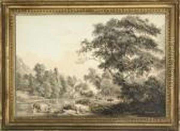 A Wooded River Landscape With 
Dairy Maids In The Foreground, A Cottage And Travellers On A Track 
Beyond Oil Painting by Paul Sandby