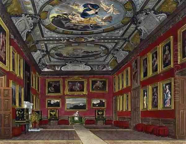 Queens State Bedchamber, Windsor Castle, from Royal Residences, engraved by J. Baily, pub. by William Henry Pyne 1769-1843, 1818 Oil Painting by James Stephanoff