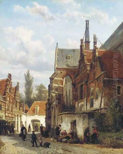 Achter de Zuiderkerk te Enkhuizen bij zomer figures conversing by the Zuiderkerk in Enkhuizen Oil Painting by Cornelis Springer