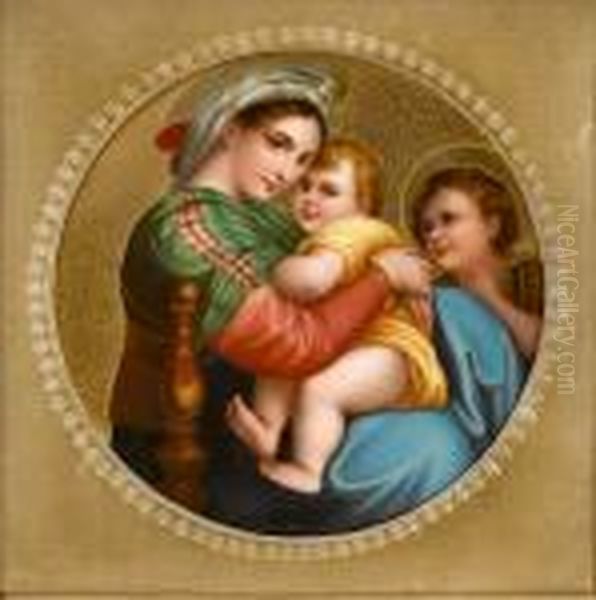 A Circular Porcelain Plaque Of The Madonna Della Seggiola Oil Painting by Raphael
