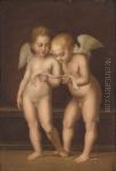Two Putti Reading Oil Painting by Raphael