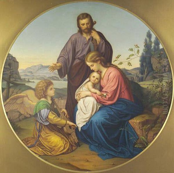 Phael Italian The Holy Family 
In An Italianate Landscape, An Angel Playing A Musical Instrument Nearby
 Oil On Canvas, Tondo, Circular, 97cm Diameter Oil Painting by Raphael
