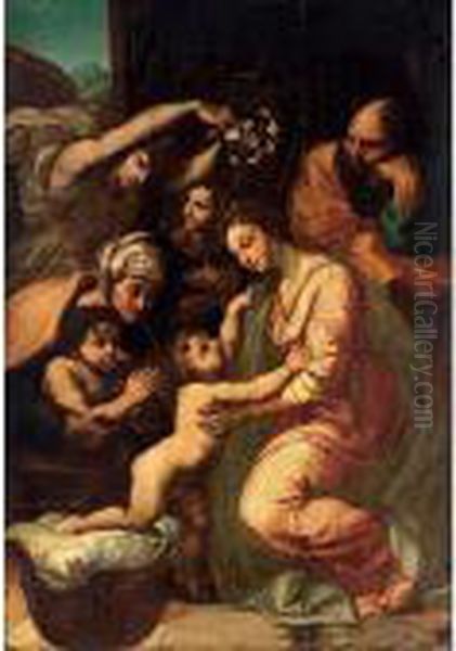 The Holy Family With St. Anne, The Infant St. John And Two Angels Oil Painting by Raphael