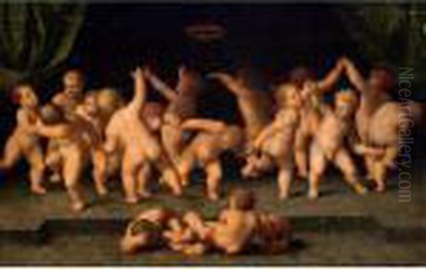 Putti Dancing Between Draped Green Curtains Oil Painting by Raphael