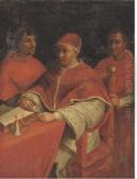 Pope Leo X With Cardinals Guilio De'medici And Luigi Di'rossi Oil Painting by Raphael