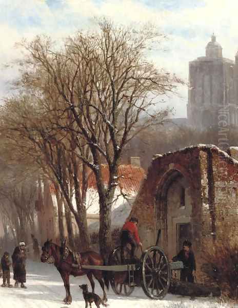 Brielle in winter unloading the 'Malle Jan' Oil Painting by Cornelis Springer