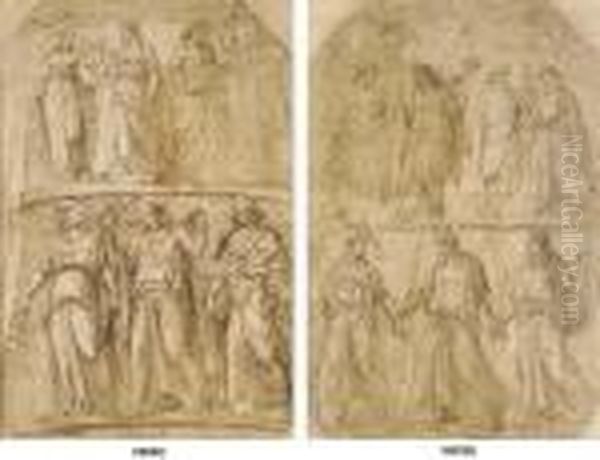 Two Friezes Of Figures: Three 
Dancing Maidens In The Lower Register And Three Women Holding A Lyre And
 Weapons With A Male Draped Figure In The Upper Register (recto); Two 
Friezes Of Figures: Three Dancing Maidens In The Lower Register And Two 
Cou Oil Painting by Raphael