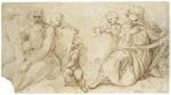 Two Prophets With Scrolls Seated With Putti Holding Tablets Oil Painting by Raphael