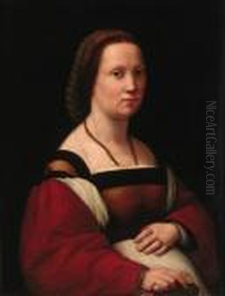 La Gravida - Portrait Of A Lady,
 Half-length, In A Brown Dress Withred Sleeves, Holding A Glove Oil Painting by Raphael