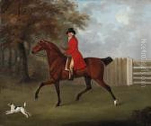 James Drake-brockman, Of 
Beachborough, Kent, On A Bay Hunter, Witha Terrier, In A Wooded 
Landscape Oil Painting by John Nost Sartorius