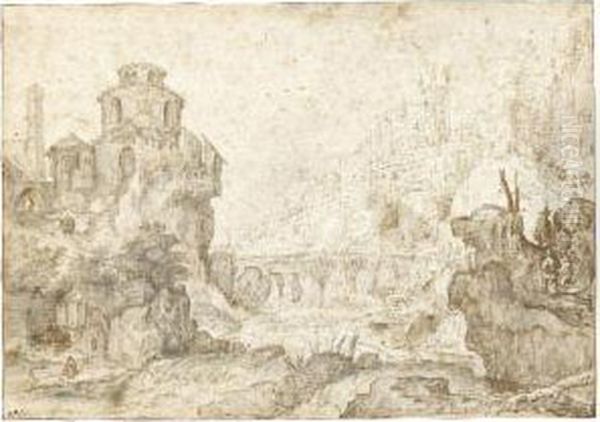 Mountainous River Landscape With
 The Hradcany And The Cathedral Ofst Vitus, Prague, Behind Oil Painting by Roelandt Jacobsz Savery