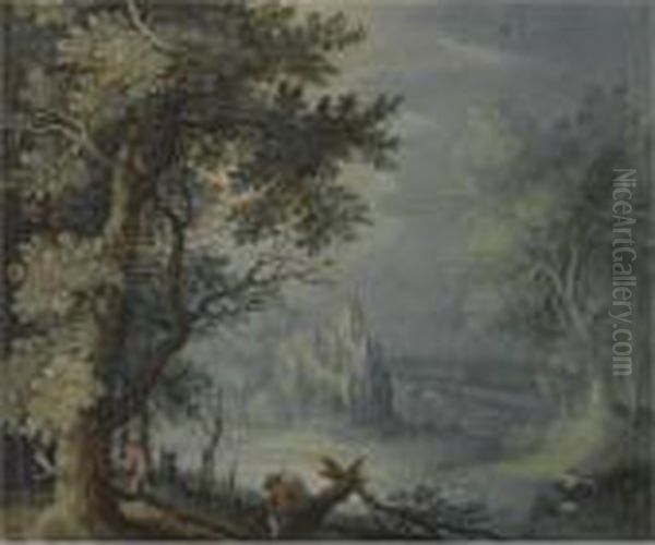 A Wooded Landscape With A 
Fortified Settlement In The Distance And Figures In The Foreground Oil Painting by Roelandt Jacobsz Savery