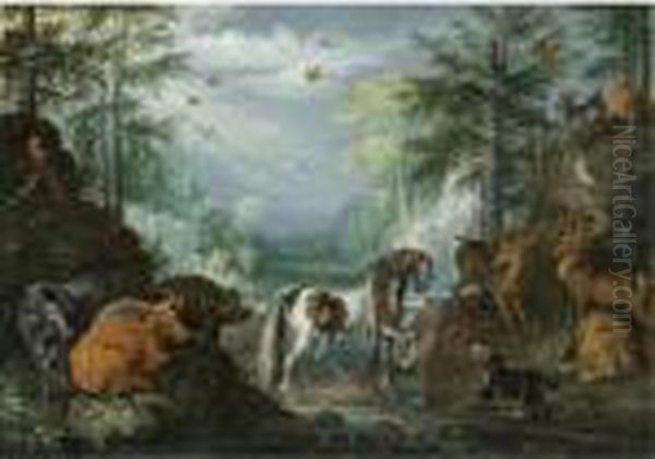 A Paradise Landscape With A 
Skewbald, Heifers, Stags, A Lion, A Dog, Goats, Parrots And Other 
Animals, The Conversion Of St. Hubert Beyond Oil Painting by Roelandt Jacobsz Savery
