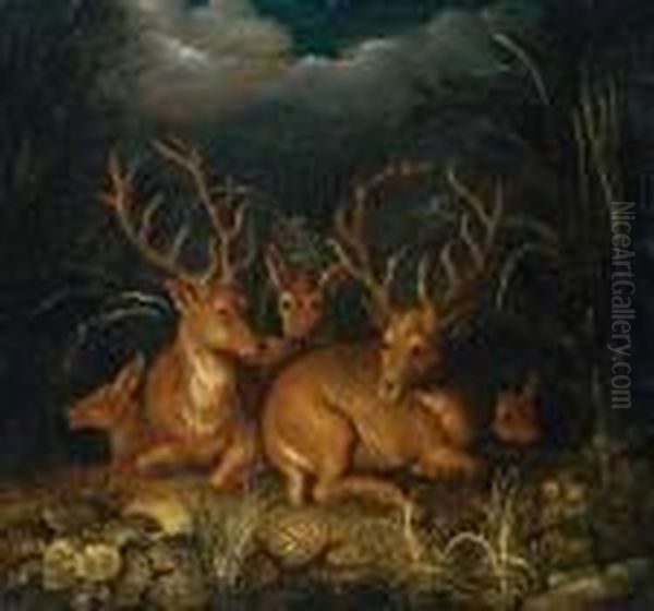 Hirsche.

 Ol Auf Holz. H 21; B 22 Cm.

 Ausgestellt: 