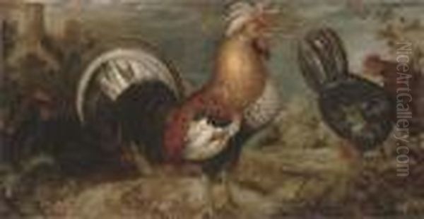 A Cockerel And Three Turkeys In A
 Landscape, With A Frog, A Lizard And A Dragonfly In The Foreground, A 
Farmhouse Beyond Oil Painting by Roelandt Jacobsz Savery