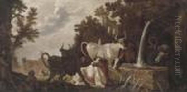 A Classical Wooded Landscape 
With Peasants By A Cottage And Cattleat A Drinking Trough, A Village 
Beyond Oil Painting by Roelandt Jacobsz Savery
