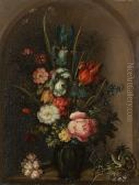 Irises, Roses, A Tulip, A 
Fritillary, Forget-me-nots, Yarrow And Other Flowers In A Glass Vase In A
 Stone Niche With A Carnation And A Lizard On The Ledge Oil Painting by Roelandt Jacobsz Savery