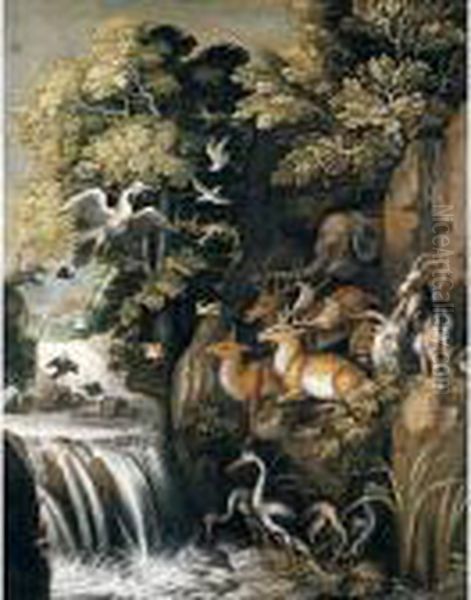 A River Landscape With Deer, 
Elephants, Lions, Goats And Other Animals And Birds Beside A Waterfall Oil Painting by Roelandt Jacobsz Savery