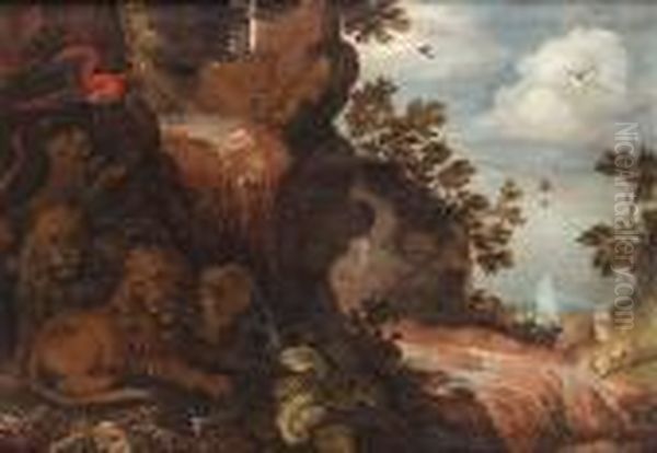 Lions Resting In A Wooded Glade 
With A Parrot, Animal Bones And A Waterfall Nearby, Two Leopards On The 
Bank Beyond Oil Painting by Roelandt Jacobsz Savery