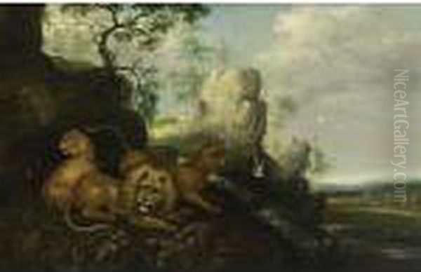 A Lion, A Lioness And A Leopard 
In A Mountainous Wooded Landscape With Macaws And Birds Near A Waterfall
 And A Deer And A Goat Grazing In A Meadow Nearby Oil Painting by Roelandt Jacobsz Savery