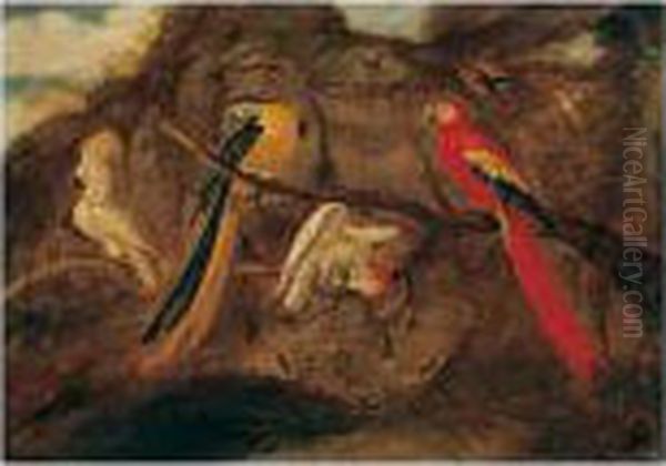 A Scarlet And Blue And Gold 
Macaw With Sulphur-crested Cockatoos And Other Birds, In A Landscape Oil Painting by Roelandt Jacobsz Savery