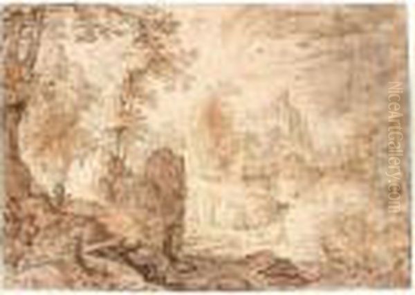 A Forested Mountain Landscape 
With Pilgrims On A Road To The Left And A Distant Hilltop Castle Oil Painting by Roelandt Jacobsz Savery