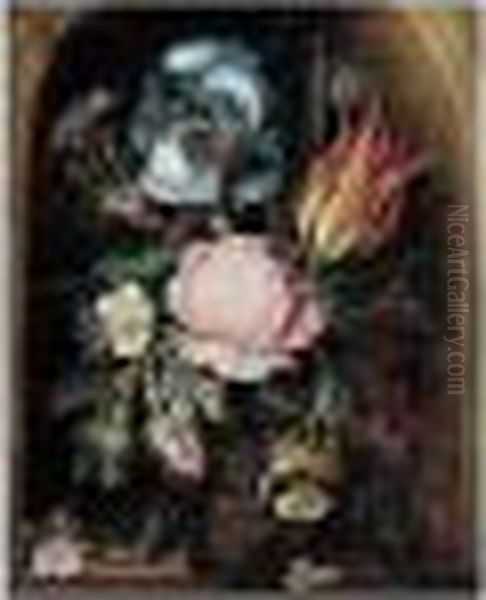 A Still Life Of An Iris, A 
Tulip, A Rose, Moss-roses And Other Flowers And Plants In A Glass Vase, 
Flanked By A Lizard And A Dragonfly, All Within A Stone Niche Oil Painting by Roelandt Jacobsz Savery