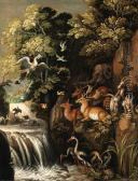 Deer, Goats, An Elephant And Other Animals By A Waterfall Oil Painting by Roelandt Jacobsz Savery