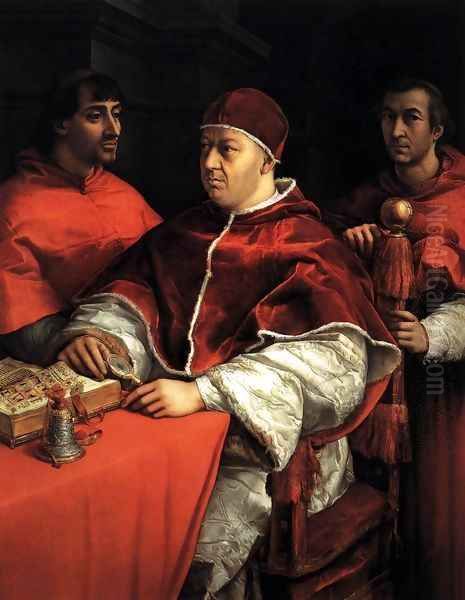 Pope Leo X with Cardinals Giulio de' Medici and Luigi de' Rossi Oil Painting by Raphael