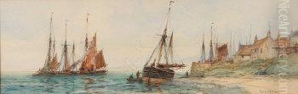 A Coastal Landscape With Figures Unloading The Catch From A Moored Fishing Boat Oil Painting by William Harrison Scarborough