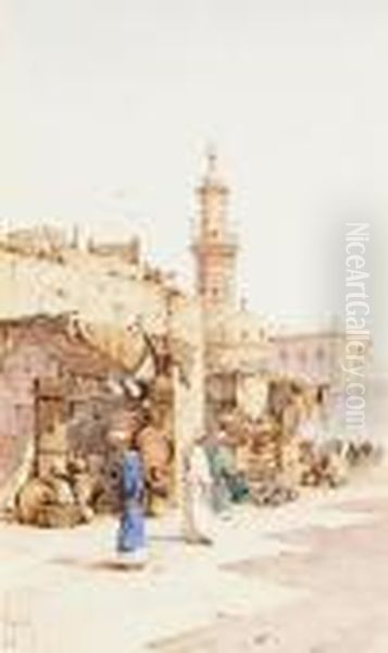 Bazaar, 
Mousky, 
Cairo Oil Painting by Spyridon Scarvelli