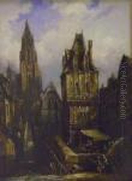 French Street Scene With Timber 
Framed Buildings And Figures Inforeground, A Church Rising In Background Oil Painting by Henry Thomas Schafer