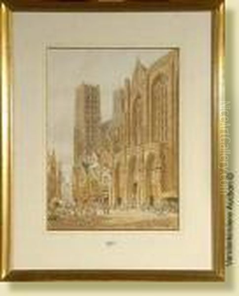 Sortiede La Messe A Sainte 
Gudule De Bruxelles, Aquarelle Sur Papier.signee En Bas A Droite H. 
Schafer. Ecole Britannique. Dim.:48x35cm Oil Painting by Henry Thomas Schafer