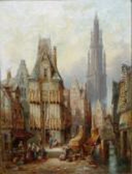 R.b.a. - - Oils On Canvas - 
Rouen,normandy 'place De La Croix De St.pierre'; Antwerp, Belgium 'in 
The Steen'. Each Signed And Dated 1889 Lower Left Oil Painting by Henry Thomas Schafer