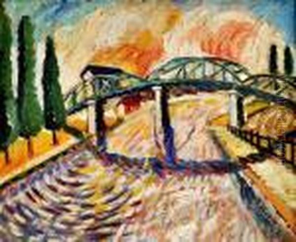 Krajina S Mostom Oil Painting by Hugo Scheiber