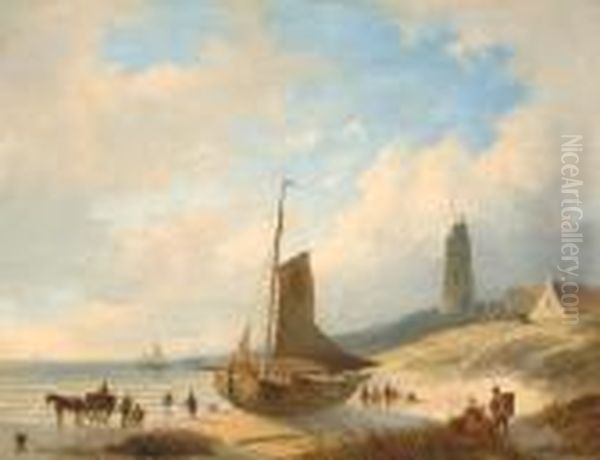 Barge On The Beach At Low Tide Oil Painting by Andreas Schelfhout
