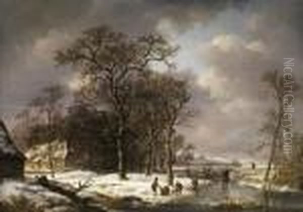 Winterlandschaft Mit Kahlen 
Eichenbaumen An Einem Zugefrorenen Flusslauf Mit Brucke Und 
Figurenstaffage Oil Painting by Andreas Schelfhout